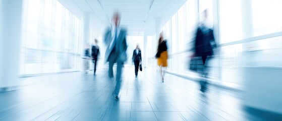 The blurred movement of business professionals navigating a modern office environment.