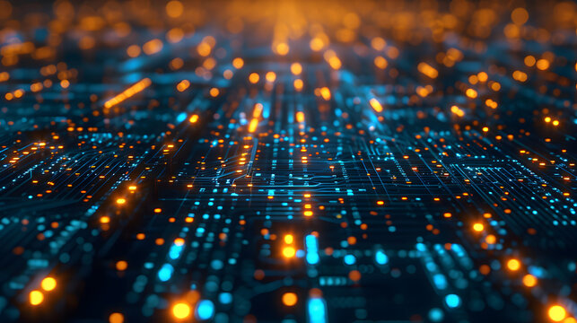 Futuristic digital network glowing with vibrant blue and orange lights showcasing intricate circuitry and data flow patterns ideal for technology backgrounds or presentations.