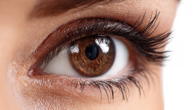 Close up of a brown female eye with long eyelashes and makeup, experiencing a twitching eyelid, isolated on a transparent background, perfect for health and beauty projects