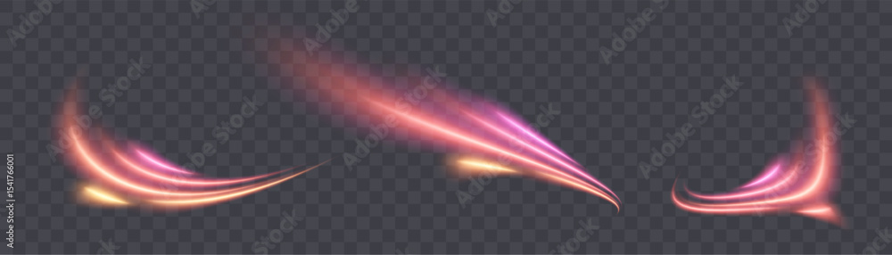 Poster Set of curved light lines with glow effect. Suitable for futuristic themes, presentations and motion visualization, design and illustrations. Vector