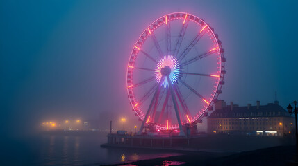 A glowing Ferris wheel in the fog
