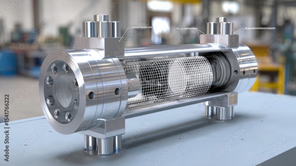 Poster flame arrester cut open on workbench with visible inner chambers and mesh, labeled diagram style