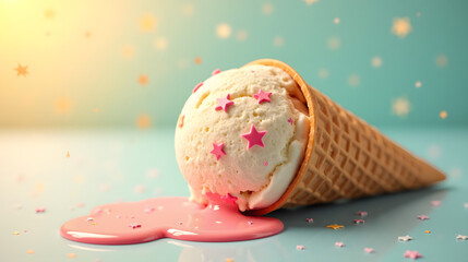 A melting ice cream cone with stars in the syrup
