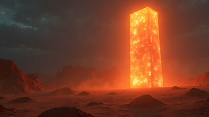 A monolith in the desert glowing with alien runes