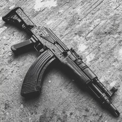 A grayscale close-up of a modified assault rifle on a textured concrete surface