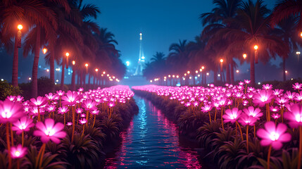 A night garden of neon flowers