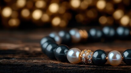 An elegant close-up of a beaded necklace featuring black and pearl beads with golden accents, symbolizing sophistication, style, and personal expression through accessories.
