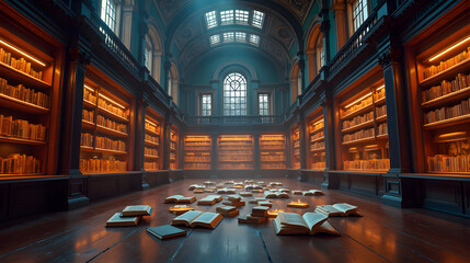 A quiet library with floating glowing books
