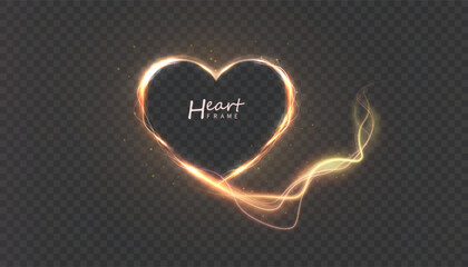 Heart-shaped light contour with flying fire ribbon and sparks on transparent background. Element for romantic designs, postcards, advertising and holiday interfaces.