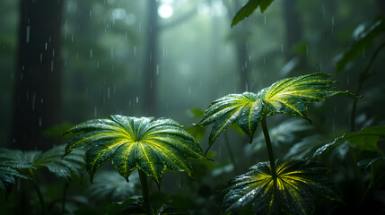 A rainforest with glass leaves glowing in rain