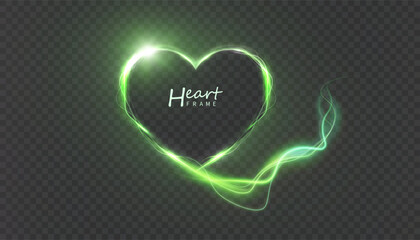 Light heart outline with bright green glow and bright glitter on transparent background. Suitable for romantic designs, cards, posters and interfaces.