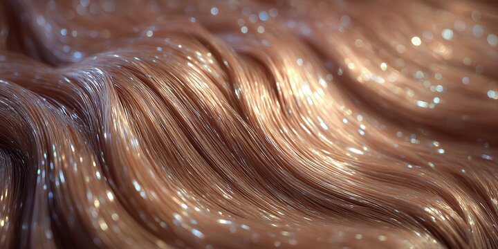Panoramic shot of wavy blonde hair interspersed with tiny reflective particles resembling stars or galaxies, surreal macro texture