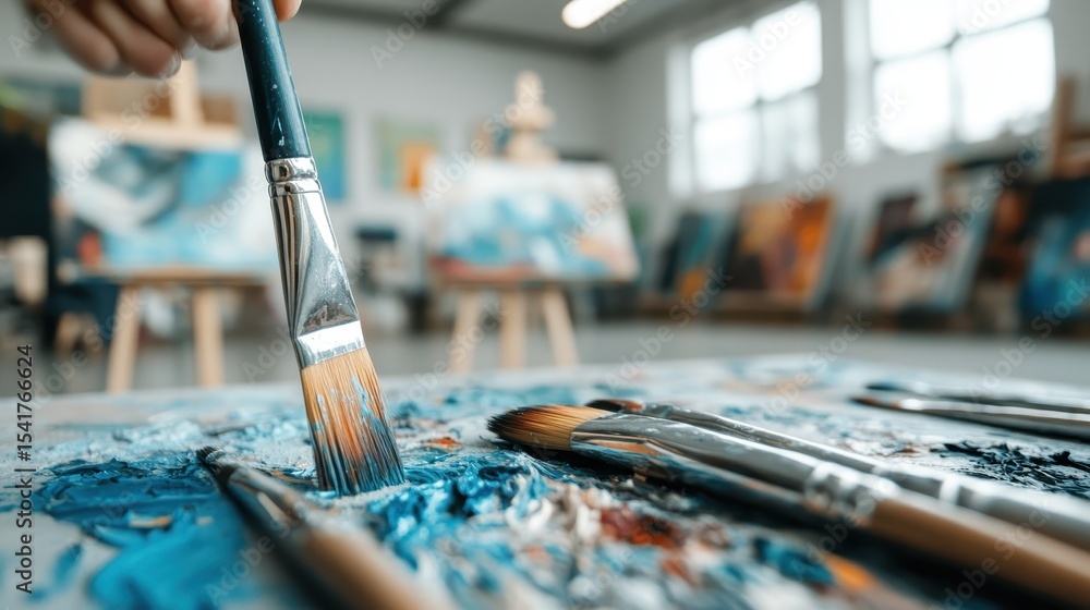 Poster an up-close view of a brush placed on a colorful palette, showcasing a vibrant artistic environment 
