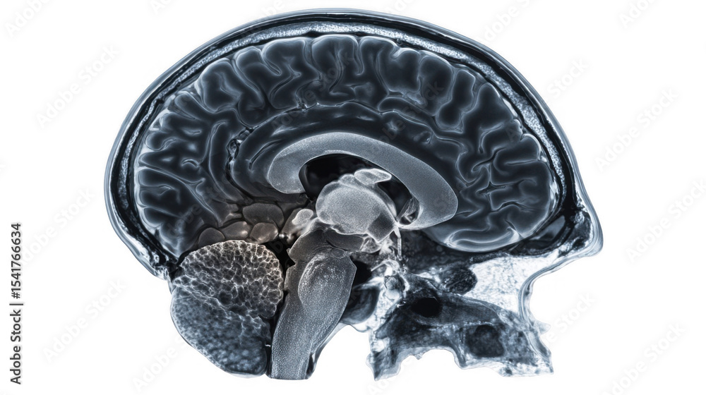 Poster magnetic resonance imaging showcasing the intricate details of a healthy human brain in sagittal vie