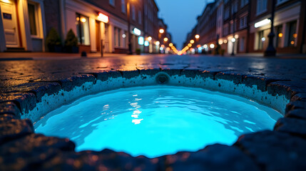 A sinkhole in the street glowing with magical blue light