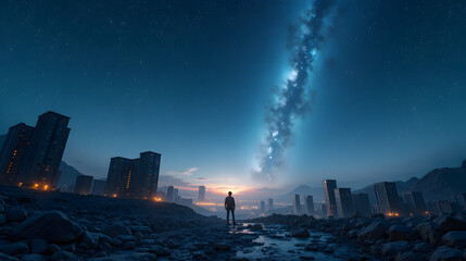 A sky of shattered stars over an abandoned city