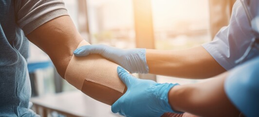 Obraz premium The caring hands applying a bandage on a patient's injured arm.