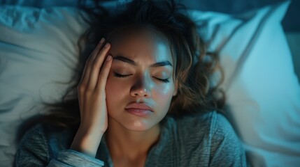 Fototapeta premium A young woman lying on a pillow with a pained expression, gently touching her forehead, depicting the struggle of dealing with a headache in a calm, softly lit environment.