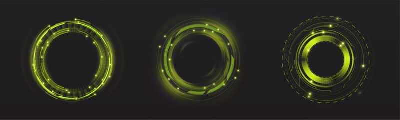 Digital interface elements with green glow, stylized for science fiction. Used in the design of control panels, applications or video games.