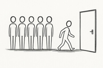 Sketch of a person breaking away from a group and walking toward an open door, symbolizing new opportunities