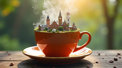 A steaming cup of tea with a miniature city inside