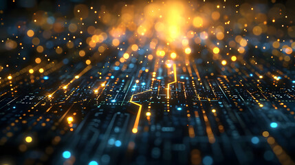 Abstract digital circuit board glowing with vibrant orange and blue lights creating a futuristic technology background perfect for presentations or website design.