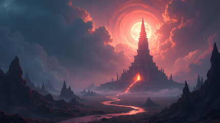 A storm over a temple glowing with cosmic energy