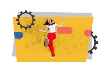 Contemporary artwork collage of happy girl wear headphones dance bubble communication gearwheel...
