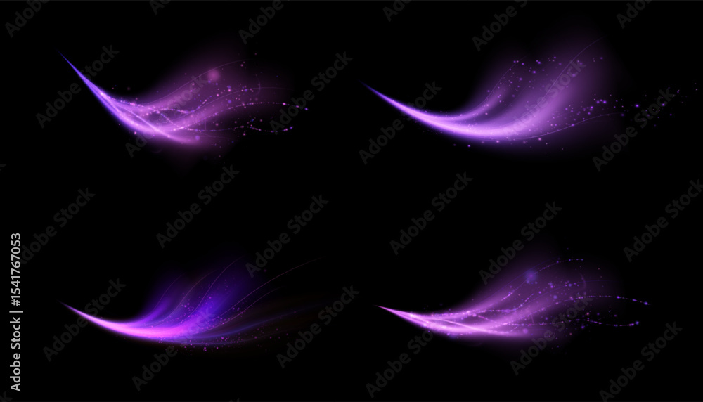 Poster soft glowing streams of purple light with wave shapes and shining particles. suitable for fairy tale