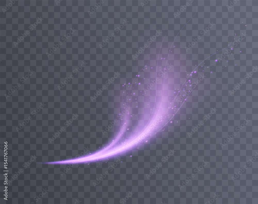 Poster Purple light trail with sparks and translucent arcs on transparent background. Energy line of movement for magic scenes, fantasy and special effects.