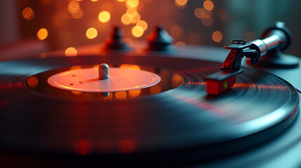 A vinyl record spinning with cosmic light trails