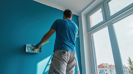 Professional interior painter applying color to the walls of a modern room.