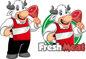 Butcher Cow Mascot Holding Meat