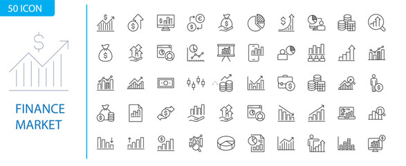 A modern and minimal finance icon set featuring stock market, banking, investment, crypto, savings, and business finance concepts. Perfect for mobile apps, web dashboards, infographics, UI/UX design, 