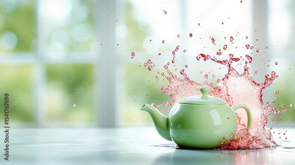 Poster a green teapot tipped over creates a dynamic splash of pink liquid, capturing motion and energy in a