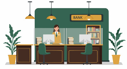 Bank interior with a teller assisting clients, modern design, professional atmosphere, copy space