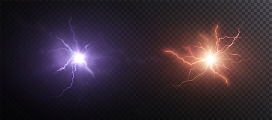 Bright flashes of energy with branched lightning - purple and orange glow. The effect of electrical collision on a dark background. For battle scenes, science fiction and interfaces.