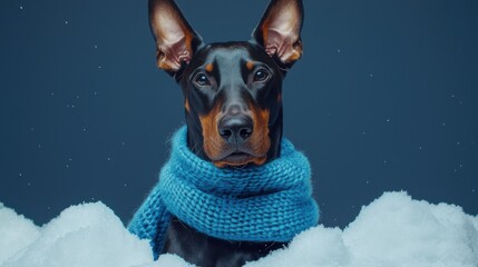 A Doberman Pinscher in a Blue Knit Scarf Amidst Sparkling Snow: A Festive Winter Pet Portrait