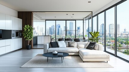 Fototapeta premium Chic apartment interior with contemporary furniture and city views.