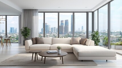 Fototapeta premium Chic apartment interior with contemporary furniture and city views.