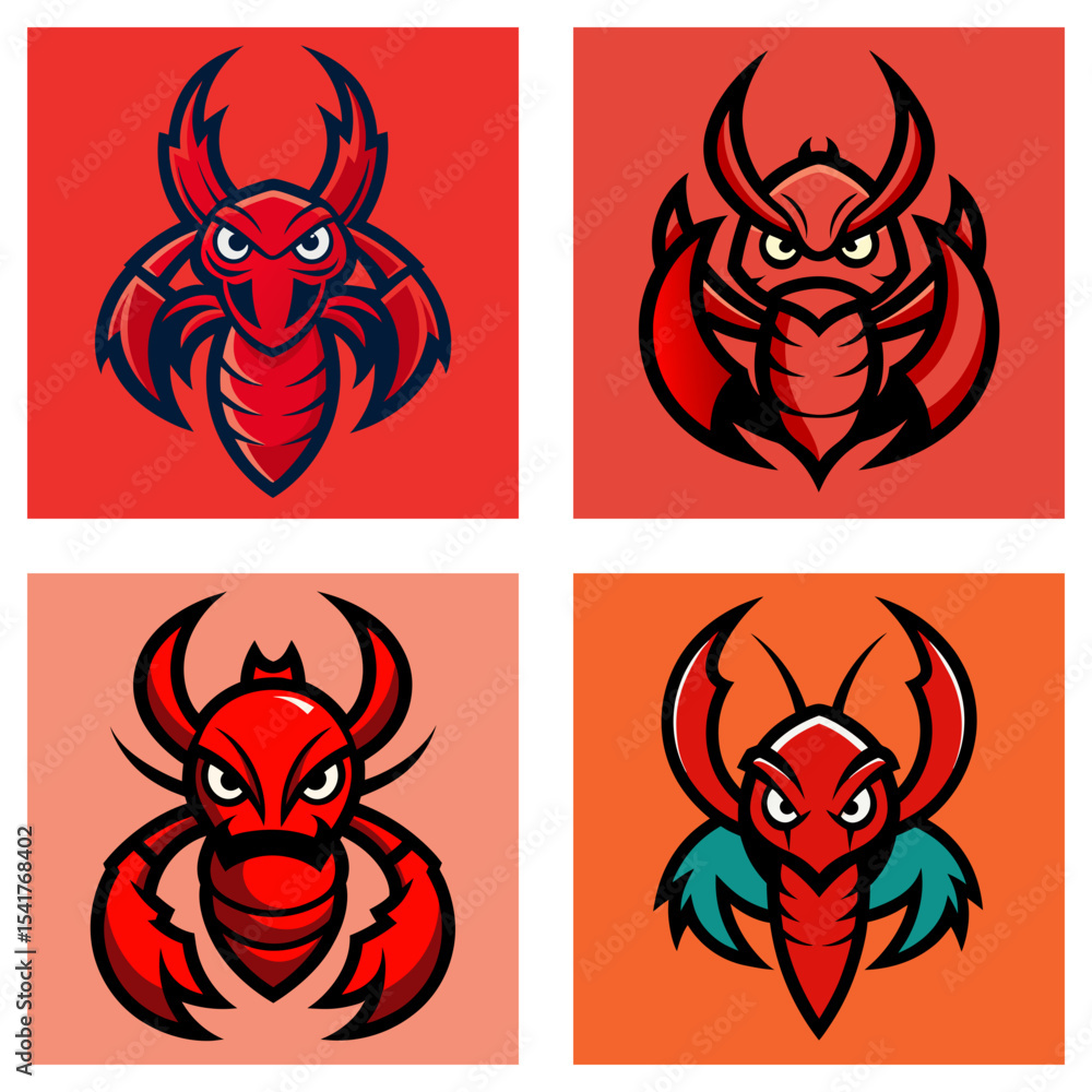 Poster four square images showing different stylized red lobsters with angry expressions on various colored