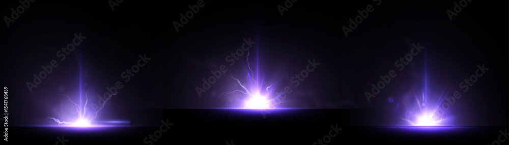 Poster violet glow of energy explosion with lightning and bright glow on black background. spectacular burs
