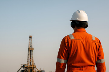 copy space of a oil rig officer from behind