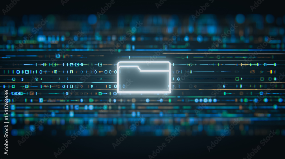 Poster digital folder interface: a futuristic glowing folder icon in a high-tech digital space, symbolizing