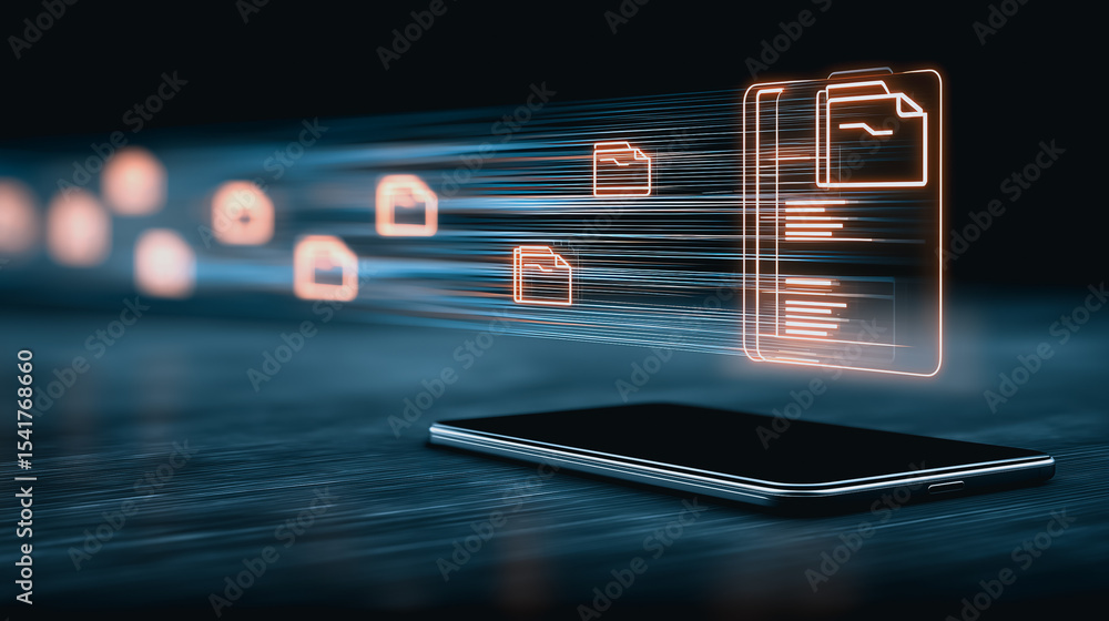 Poster digital data transfer: a vivid illustration of digital data streaming from a smart device, represent