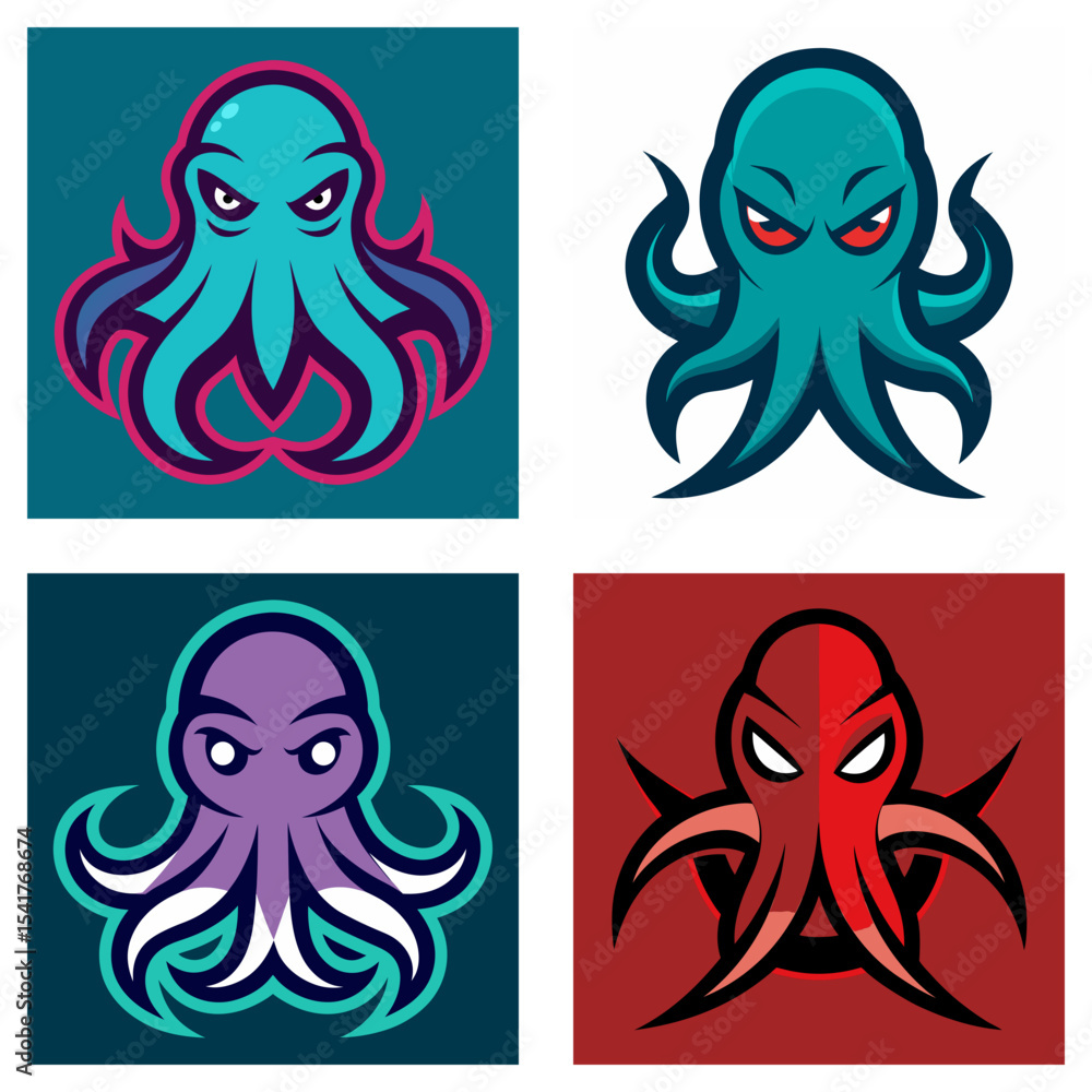 Poster four square images displaying cartoon octopus logos in different colors and design styles on various