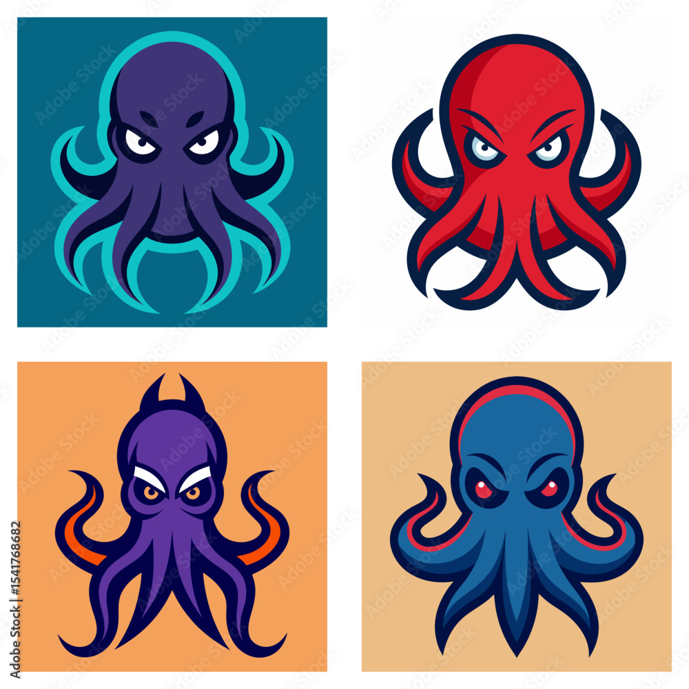 Poster four stylized octopus illustrations in different colors with an angry expression and simple backgrou