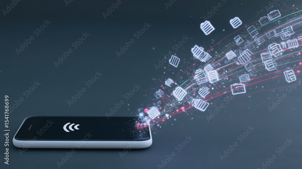 Poster data flow from smartphone: a modern smartphone emits a stream of digital icons and data streams, ill