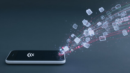 Data Flow from Smartphone: A modern smartphone emits a stream of digital icons and data streams, illustrating seamless data flow and connectivity in the digital age.
