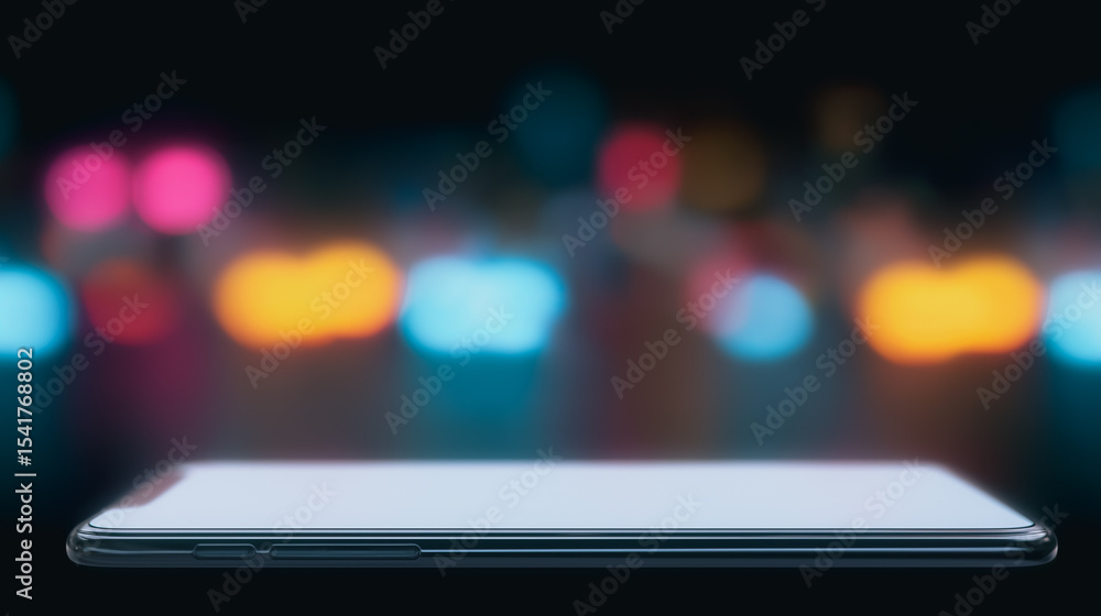 Poster smartphone on illuminated bokeh background: a modern smartphone is placed on a reflective surface, a